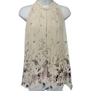 Via Signoria Cream Floral Purple Green Flowers Silk Sleeveless Halter Top size M